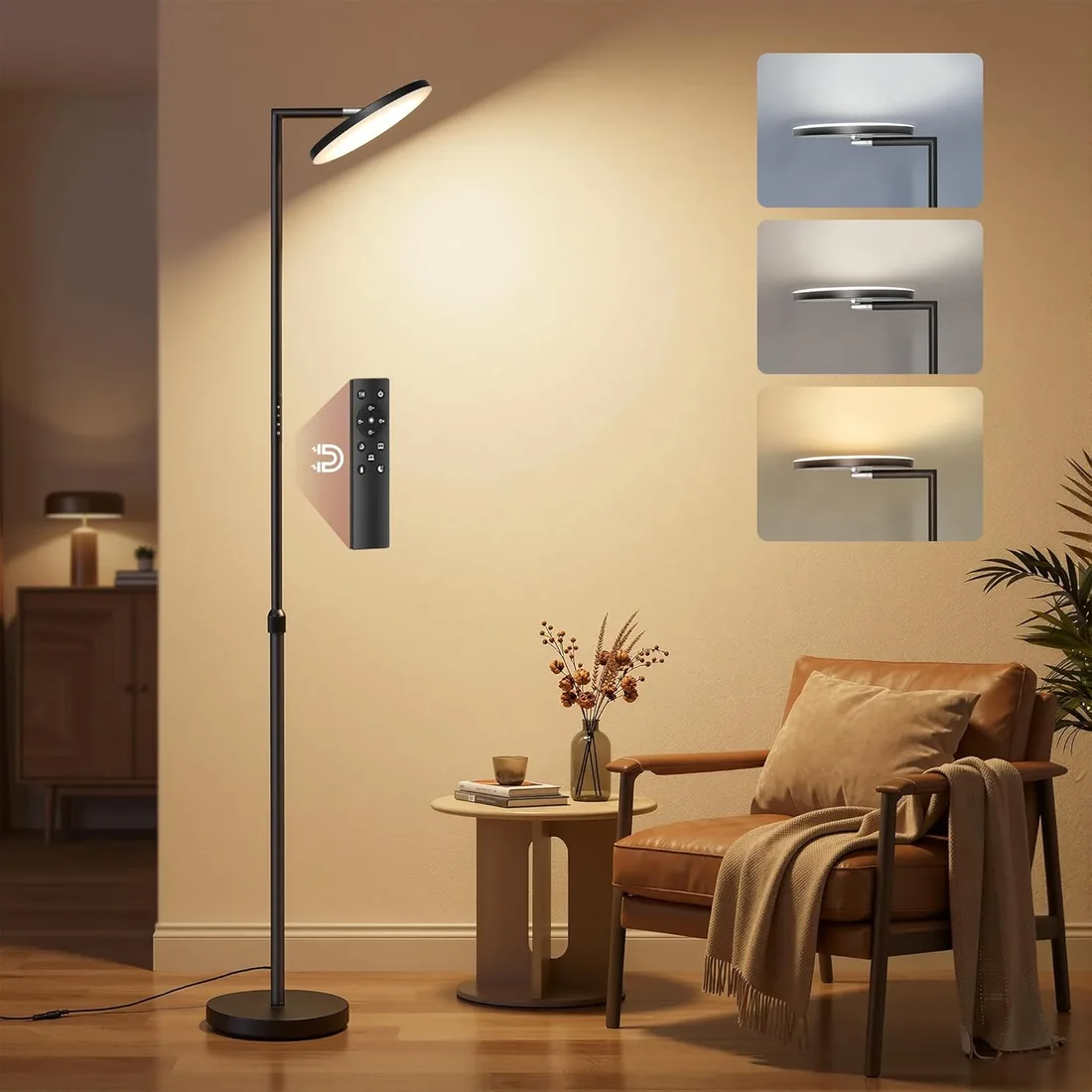 VASAGLE Lámpara de Pie LED, 36 W, Altura Ajustable, Cabezal Orientable | Temporizador, Función de memoria, Control Mediante Botones y Mando a Distancia, Negro Mate, Colección ISLAND LFL008BD02