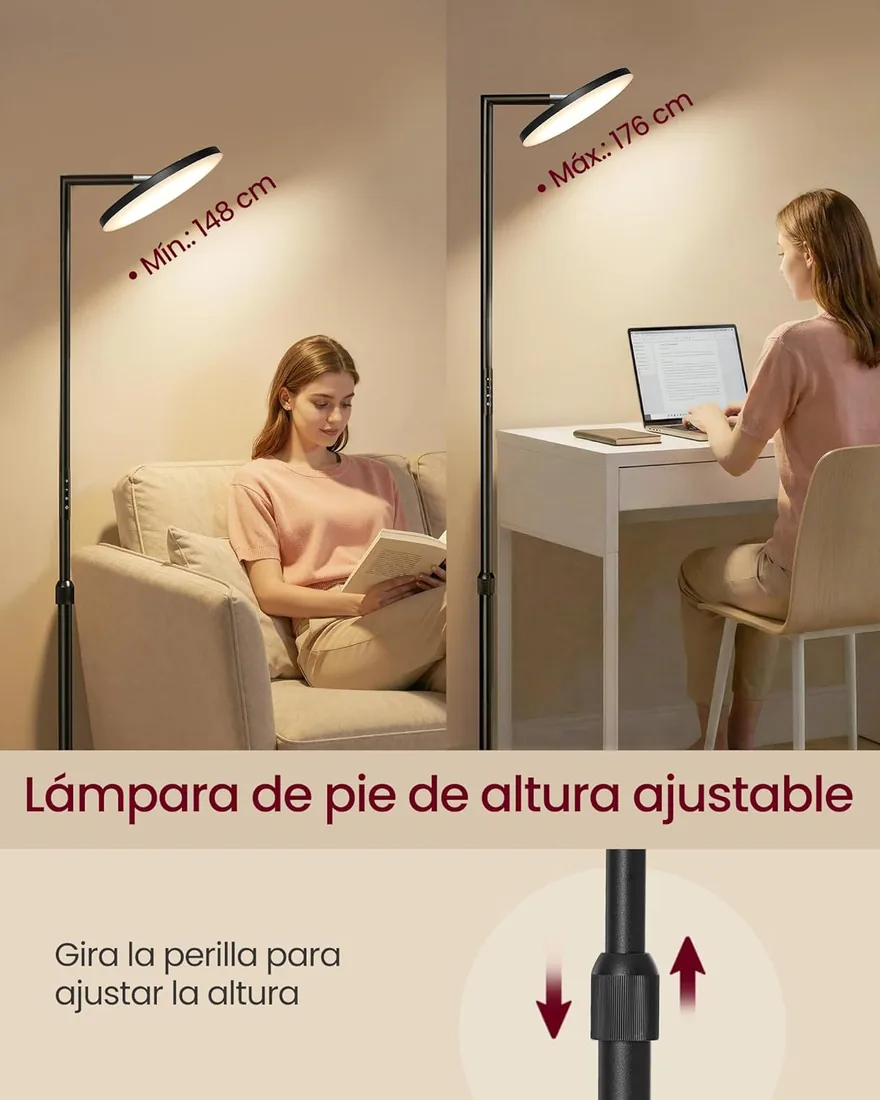 VASAGLE Lámpara de Pie LED, 36 W, Altura Ajustable, Cabezal Orientable | Temporizador, Función de memoria, Control Mediante Botones y Mando a Distancia, Negro Mate, Colección ISLAND LFL008BD02 foto 3