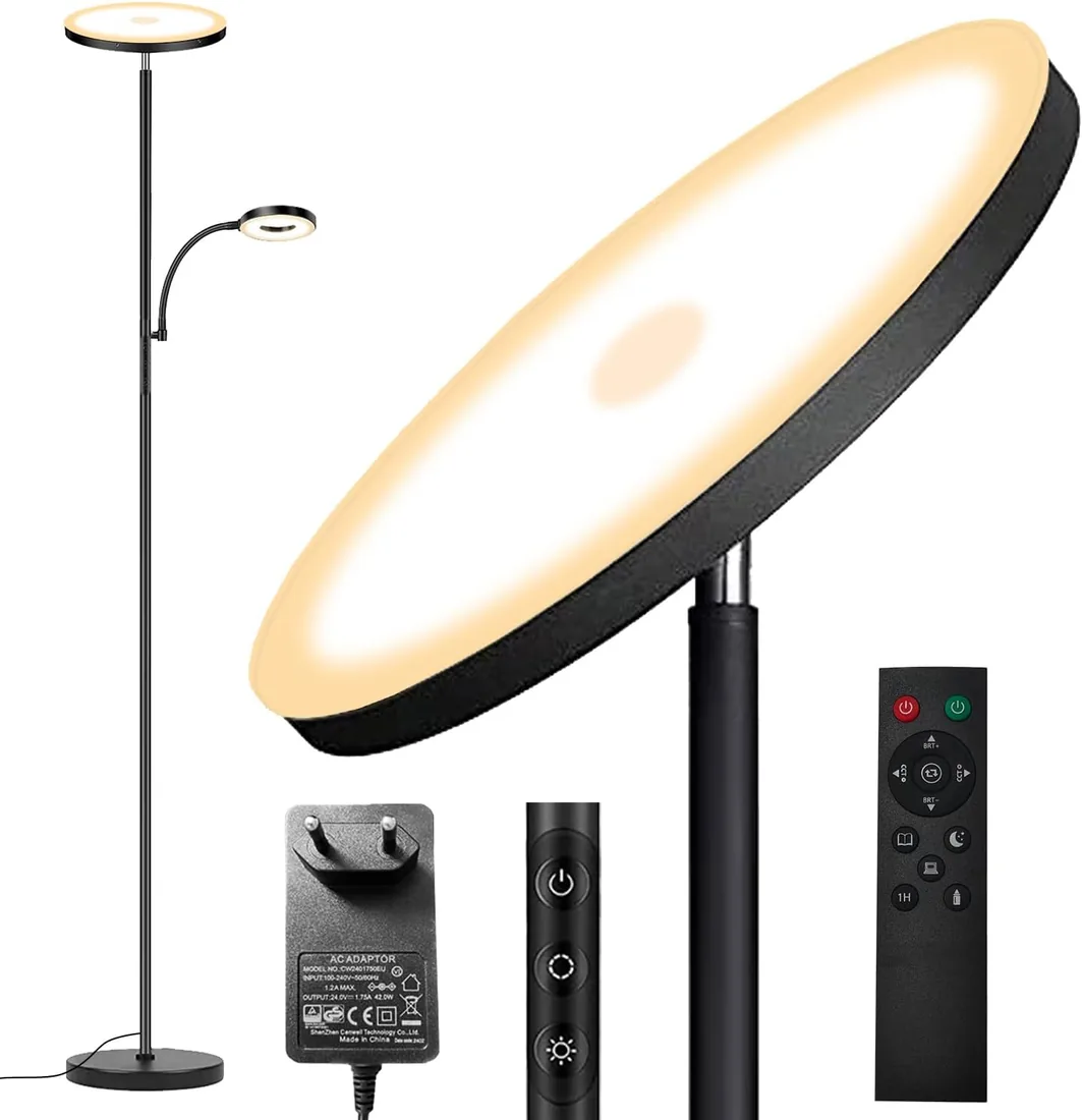 Yikuneng 42W Lámpara de Pie Regulable, LED Lámpara de Pie Salon 4500LM Súper Brillantecon con Lámpara de Lectura, control remoto y control táctil Lámpara Alta para Salon de Estar Dormitorio Oficina