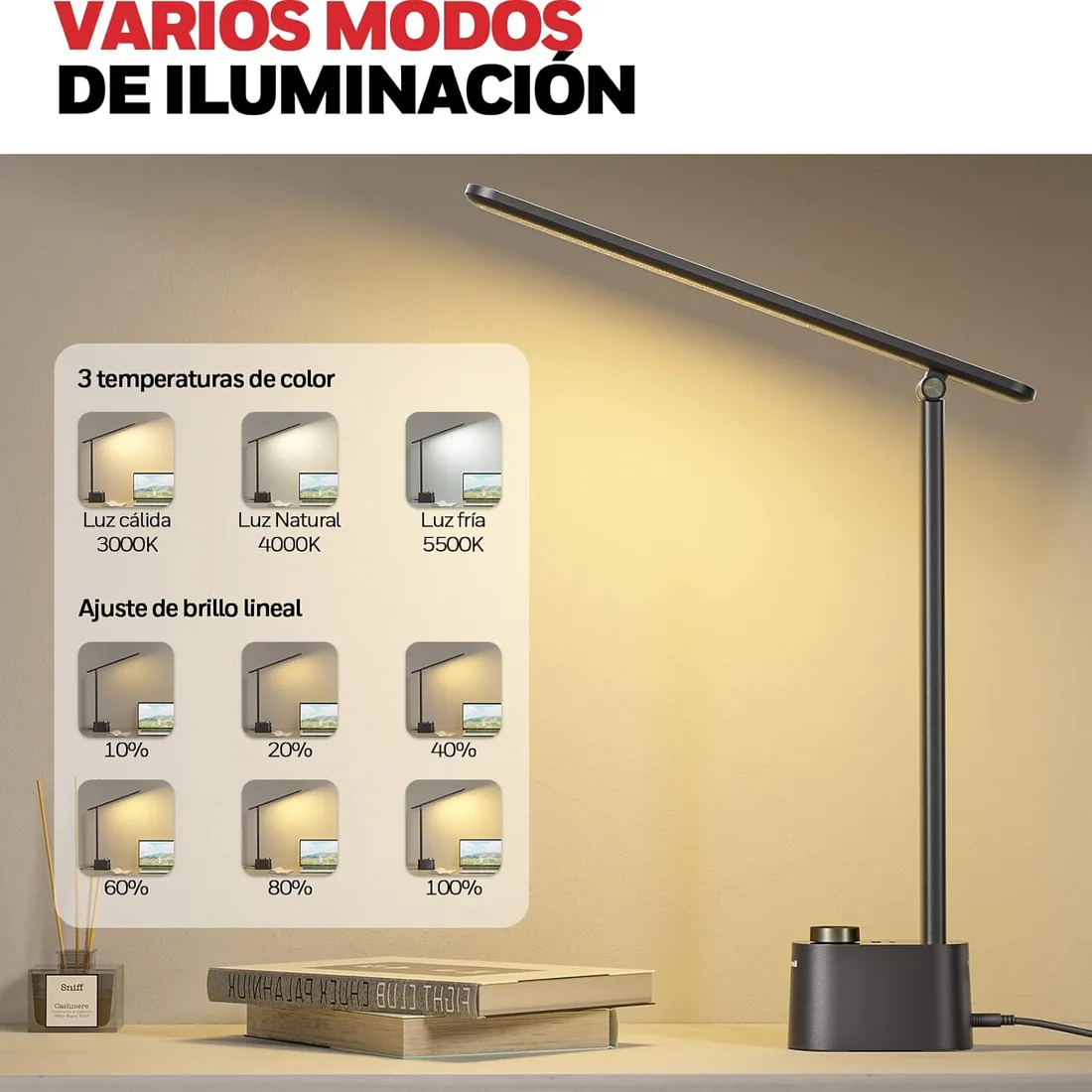 Honeywell HWT-H01 Lámpara De Escritorio LED, Plegable Regulable, Negro foto 3