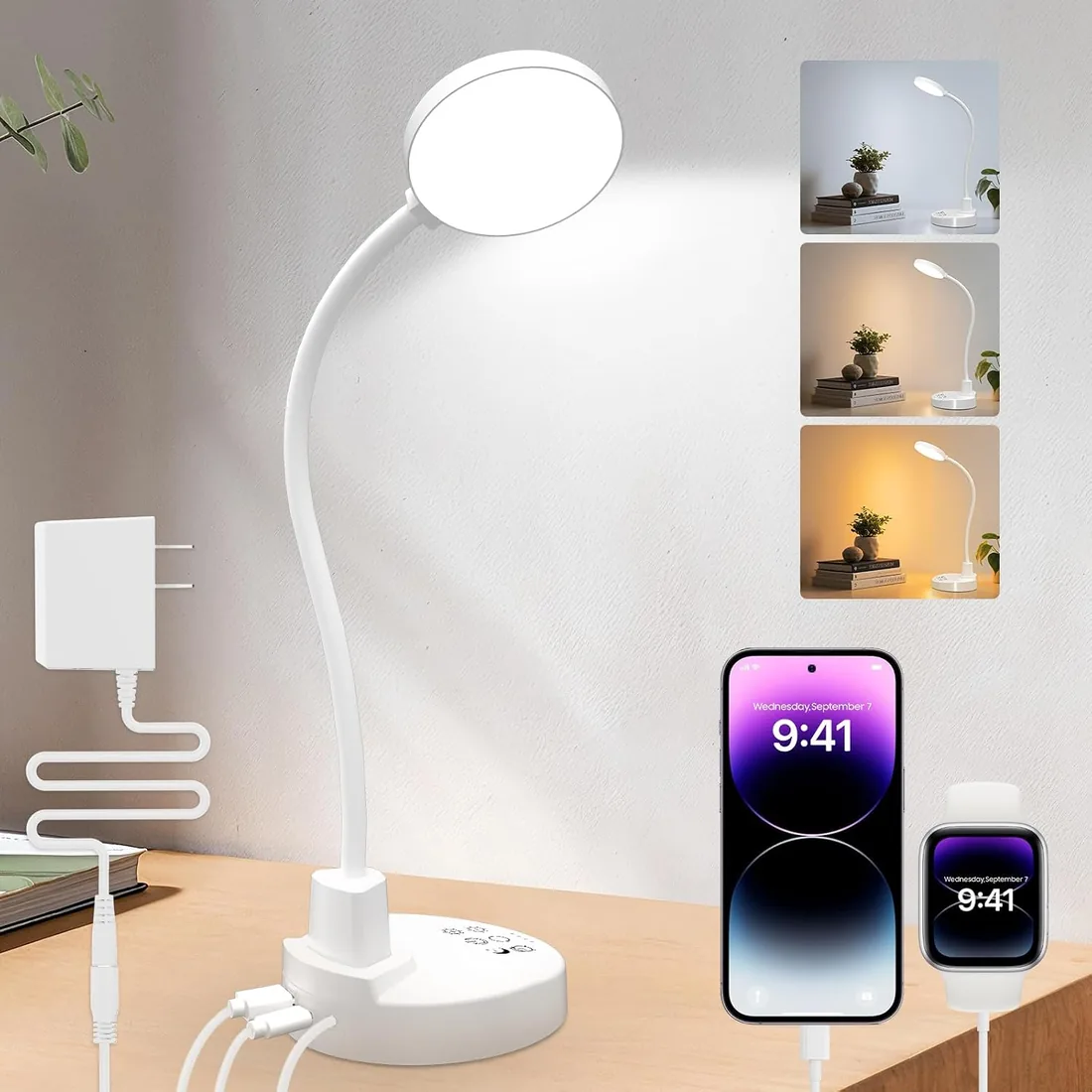 Lámpara de escritorio LED de 15W con USB-A y USB-C – Regulable, 3 temperaturas de color, 5 niveles de brillo, 4 temporizadores, cuello de cisne flexible de 360°, protección de los ojos