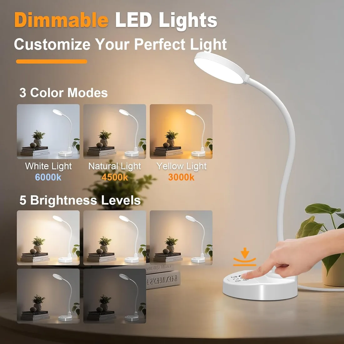 Lámpara de escritorio LED de 15W con USB-A y USB-C – Regulable, 3 temperaturas de color, 5 niveles de brillo, 4 temporizadores, cuello de cisne flexible de 360°, protección de los ojos foto 2