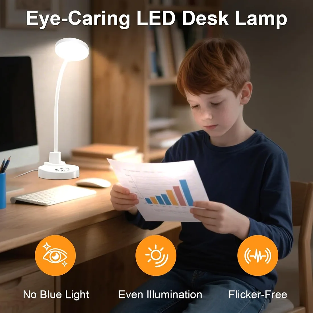 Lámpara de escritorio LED de 15W con USB-A y USB-C – Regulable, 3 temperaturas de color, 5 niveles de brillo, 4 temporizadores, cuello de cisne flexible de 360°, protección de los ojos foto 3
