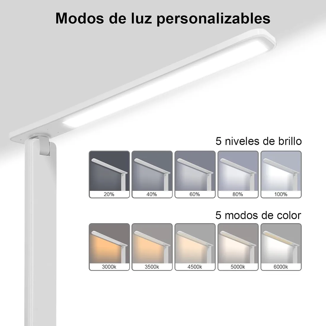 lámpara Led Escritorio, Flexo de Escritorio con luz nocturna, lampara de escritorio con control táctil, Puerto de carga USB, 5 niveles de luminosidad 5 modos (blanco) foto 3