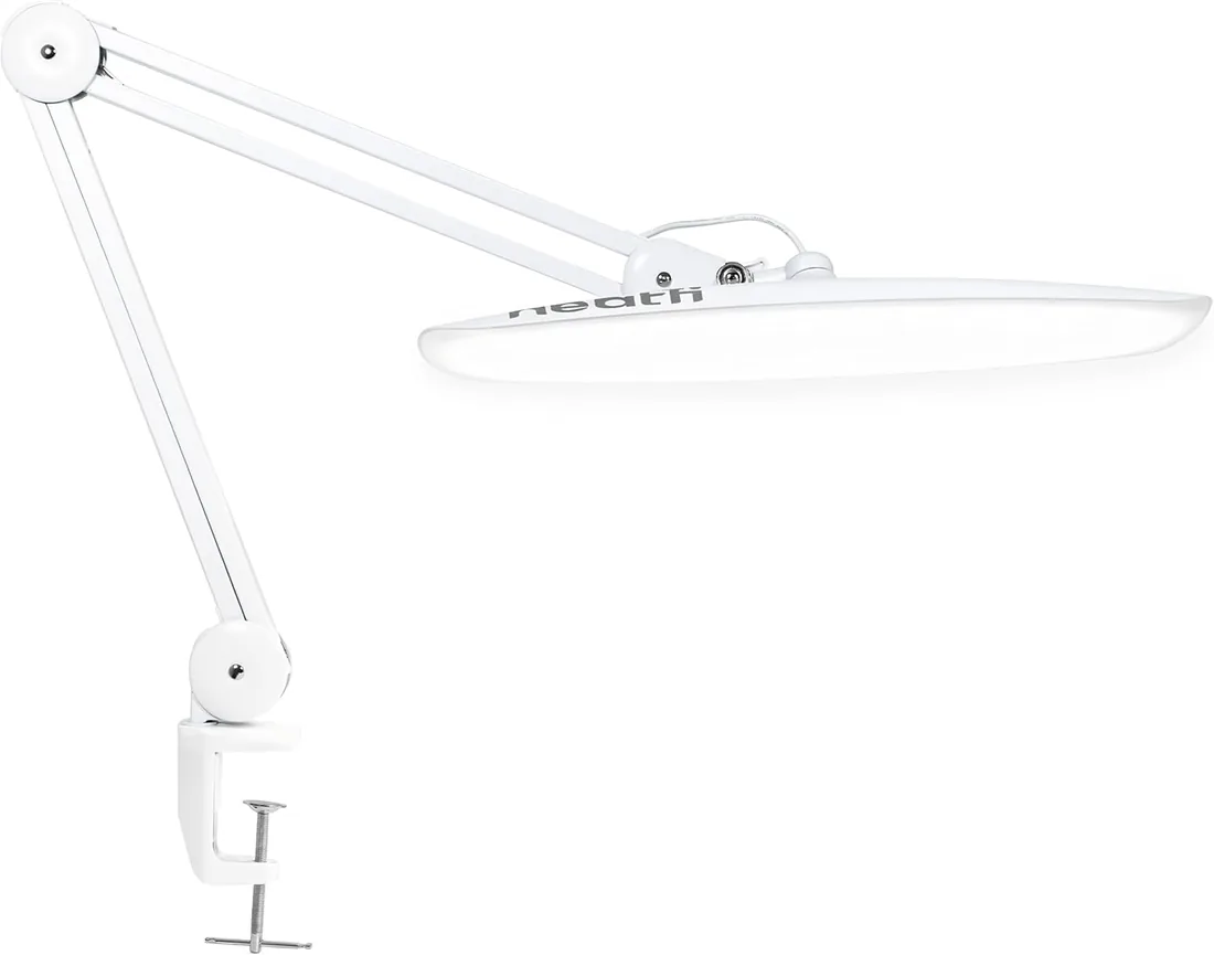 Neatfi XL Lámpara de Escritorio LED de 24W y 2200 Lúmenes con Abrazadera – Iluminación de Trabajo Sin Sombras | 4 Niveles de Regulación | Cabezal Ancho de 50 cm (Blanco, No-CCT con Abrazadera)