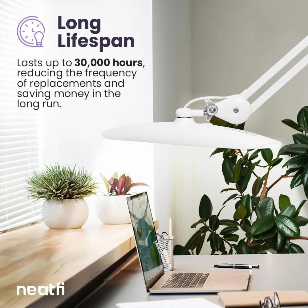 Neatfi XL Lámpara de Escritorio LED de 24W y 2200 Lúmenes con Abrazadera – Iluminación de Trabajo Sin Sombras | 4 Niveles de Regulación | Cabezal Ancho de 50 cm (Blanco, No-CCT con Abrazadera) foto 3