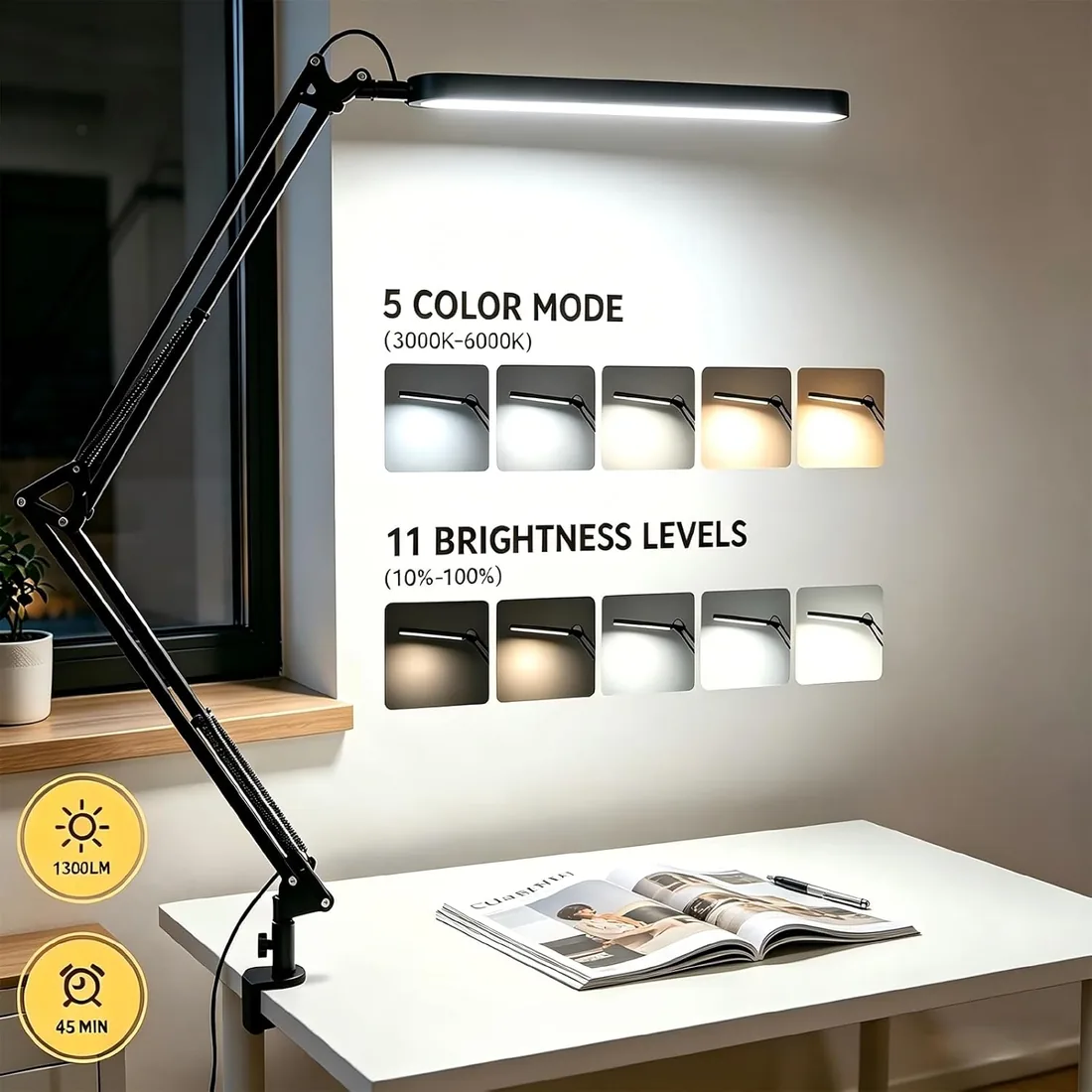 SKYLEO Lámpara Escritorio-Flexo LED Escritorio 1300LM - 5 modos de color x 11 niveles de brillo - Brazo oscilante ajustable - Temporizador y función de memoria - 12W Flexo - Negro foto 2