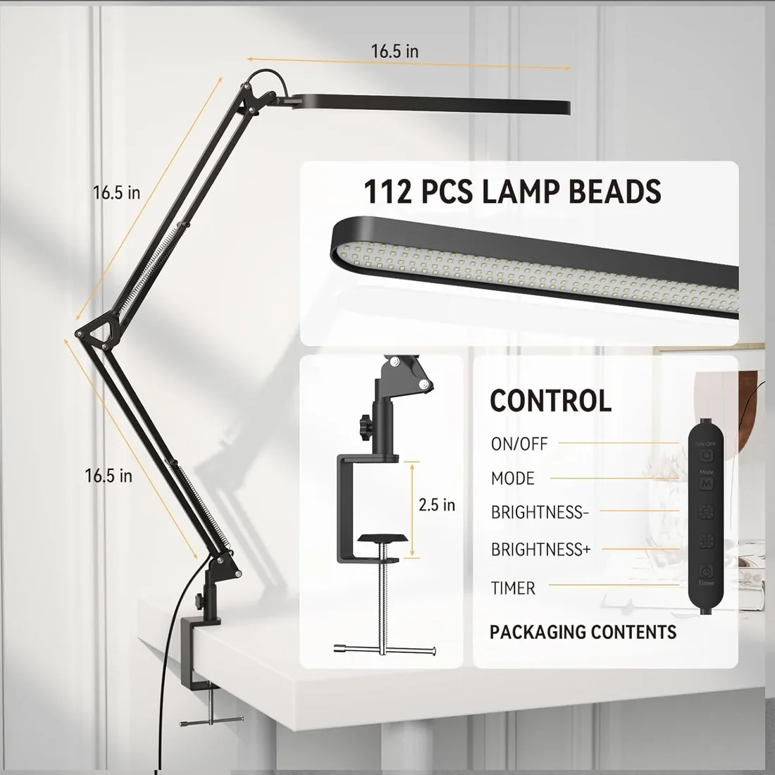 SKYLEO Lámpara Escritorio-Flexo LED Escritorio 1300LM - 5 modos de color x 11 niveles de brillo - Brazo oscilante ajustable - Temporizador y función de memoria - 12W Flexo - Negro foto 3