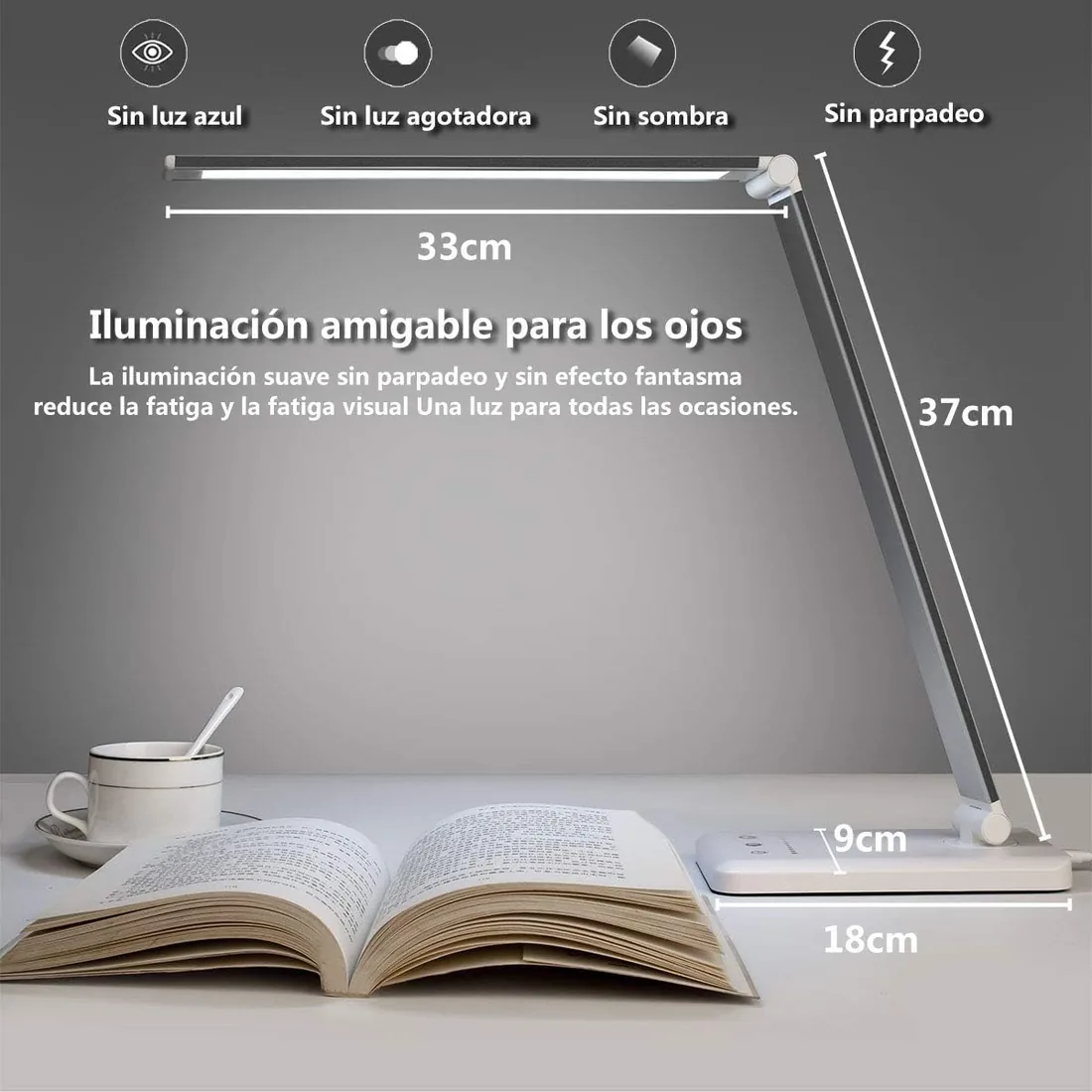 SLATOR Lámpara Escritorio LED, Flexo de Escritorio (Cuidado Ocular, Puerto USB, 5 Modos,10 Niveles de Brillo,Temporizador de 30/60min, Función de Memoria) foto 2