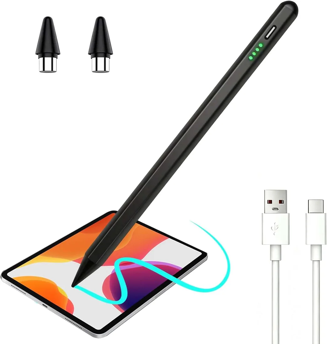 Lápiz óptico universal para tableta compatible con iPhone/Samsung/Huawei/Xiaomi, lápices para pantallas táctiles con 2 puntas de repuesto, rechazo de palma, sensibilidad a la inclinación - Negro