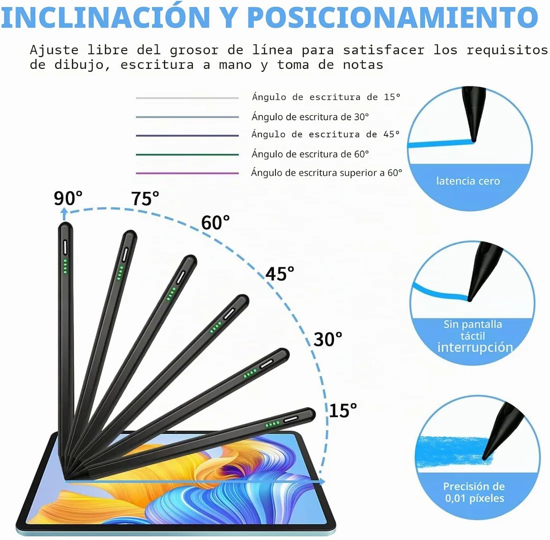 Lápiz óptico universal para tableta compatible con iPhone/Samsung/Huawei/Xiaomi, lápices para pantallas táctiles con 2 puntas de repuesto, rechazo de palma, sensibilidad a la inclinación - Negro foto 2