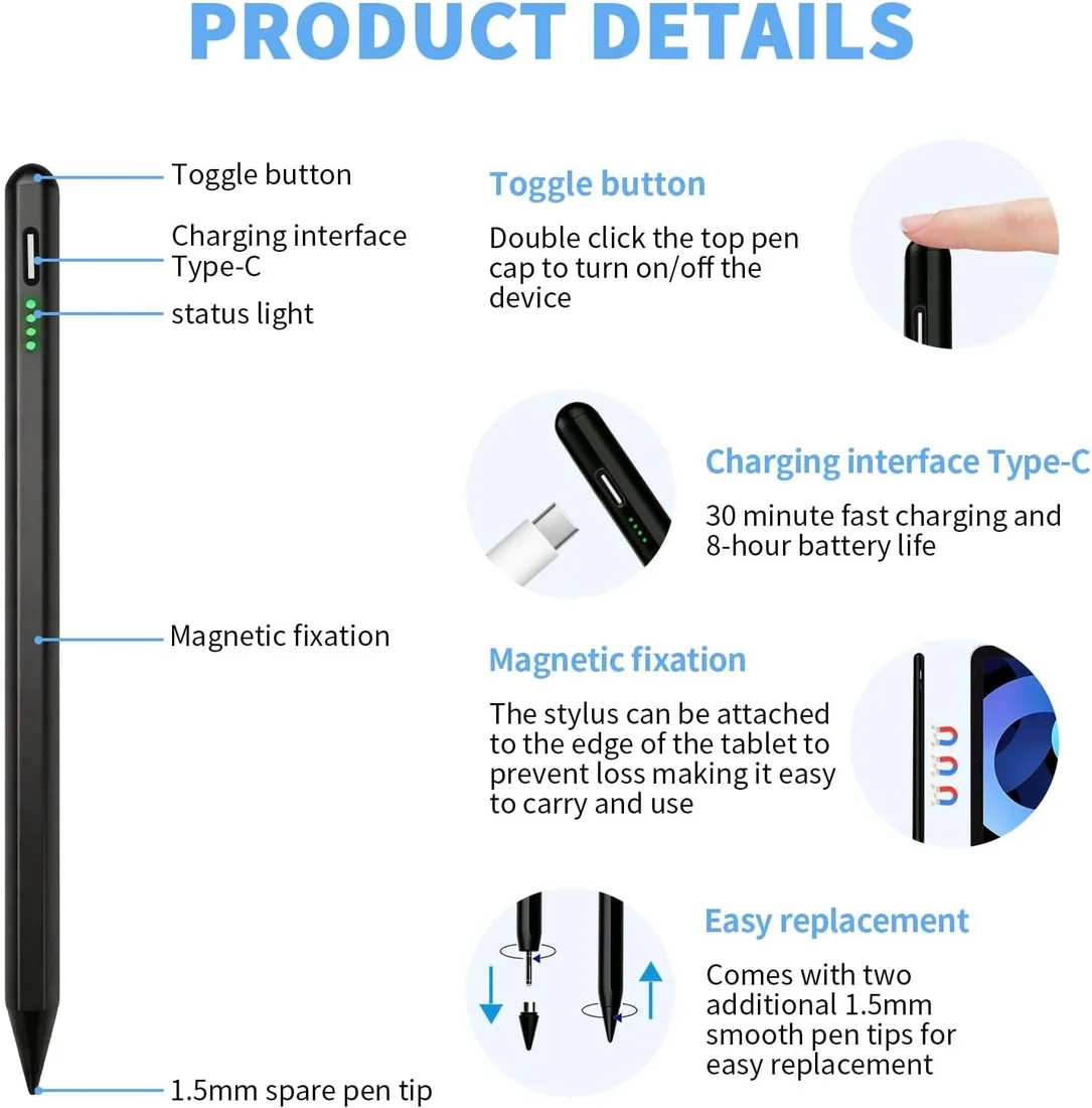 Lápiz óptico universal para tableta compatible con iPhone/Samsung/Huawei/Xiaomi, lápices para pantallas táctiles con 2 puntas de repuesto, rechazo de palma, sensibilidad a la inclinación - Negro foto 3