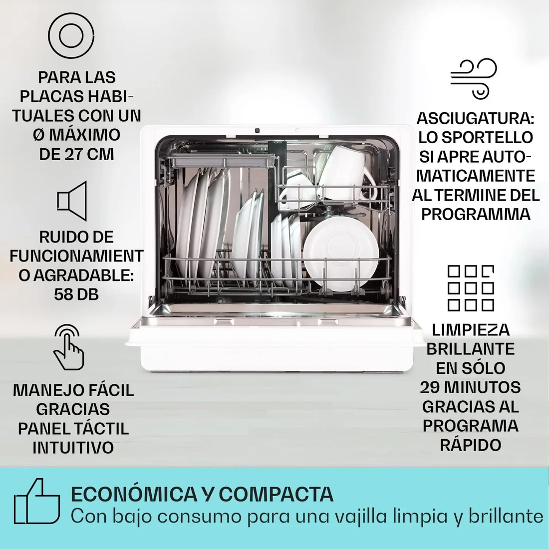 Klarstein Lavavajillas para Sobremesa Pequeño, Mini Lavavajillas 6 Cubiertos, Portatil Encimera Silencioso, Lavaplatos con 7 Programas de Lavado, Compacto Casa y Oficina foto 2