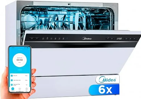 Midea Lavavajillas Pequeño Blanco 55cm de 6 servicios - Lavavajillas Compacto y Portatil sin Instalación - Lavaplatos con App Control, 6 Programas, Modo ECO, Filtro Antibacterias, Función Secado, 49db