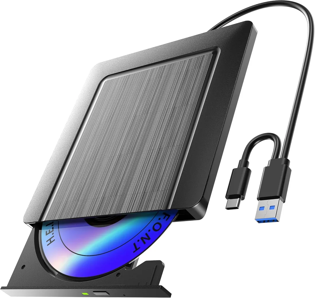 Lector CD DVD Externo, Superdelgado Grabadora CD DVD Unidad Externa con USB 3.0 y USB-C, Unidades Portátil CD/DVD /-RW/ROM Estable para PC/Portátiles/Windows 11/10/8/7/XP/Vista/Linux/MacOS