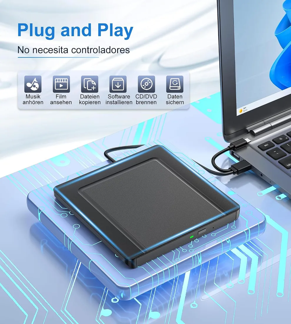 Lector CD DVD Externo, Superdelgado Grabadora CD DVD Unidad Externa con USB 3.0 y USB-C, Unidades Portátil CD/DVD /-RW/ROM Estable para PC/Portátiles/Windows 11/10/8/7/XP/Vista/Linux/MacOS foto 2