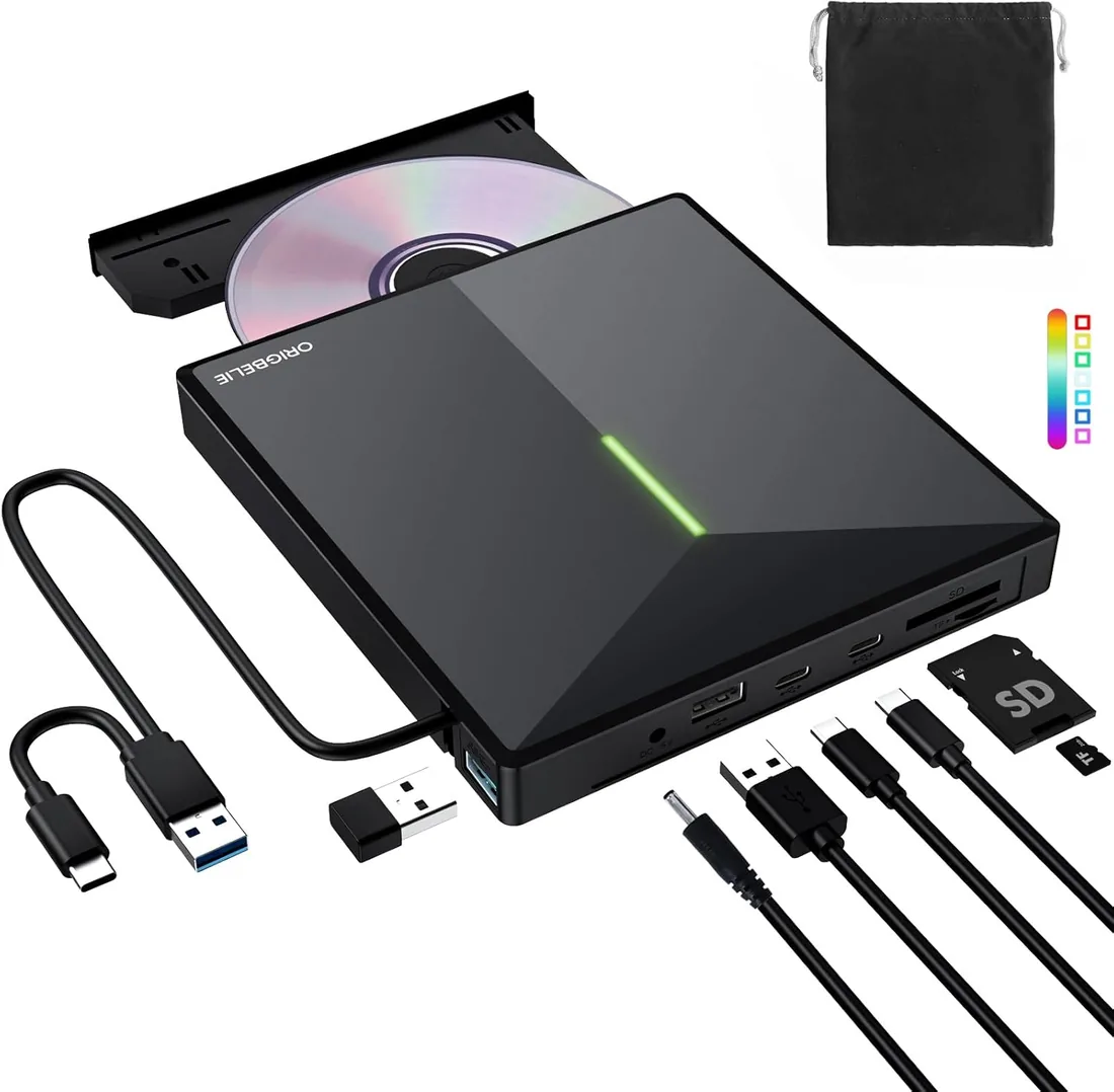 ORIGBELIE Grabadora CD DVD Externa con 4 Puertos USB y 2 Ranuras TF/SD | USB 3.0 Portátil Lector CD Externo para Portátil, PC, Desktop, MacBook, Windows 11/10/8/7/Vista, Linux, Mac OS