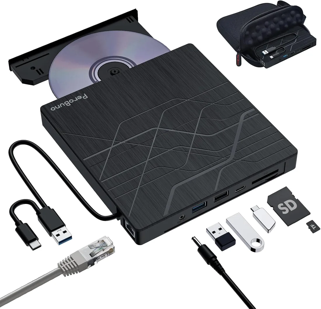 Súper Lector CD Externo, Grabadora DVD Externa con Adaptador Ethernet RJ45 | 2 Puertos para Tarjetas TF/SD y 3 Puertos USB, USB 3.0 Unidad Externa CD DVD para PC Windows Linux Mac con Funda Portátil