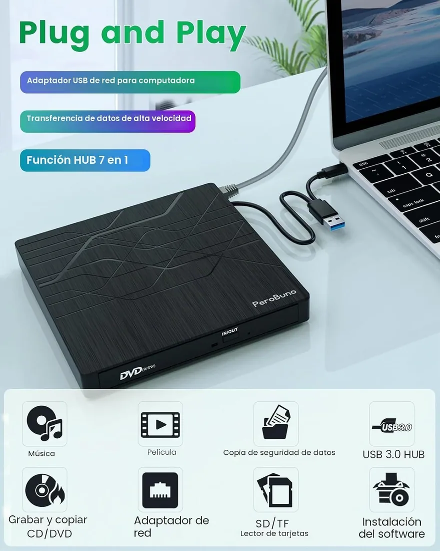 Súper Lector CD Externo, Grabadora DVD Externa con Adaptador Ethernet RJ45 | 2 Puertos para Tarjetas TF/SD y 3 Puertos USB, USB 3.0 Unidad Externa CD DVD para PC Windows Linux Mac con Funda Portátil foto 2