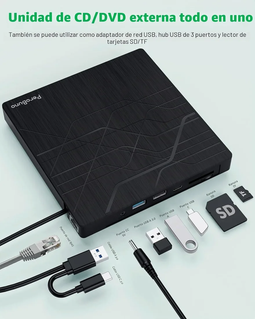 Súper Lector CD Externo, Grabadora DVD Externa con Adaptador Ethernet RJ45 | 2 Puertos para Tarjetas TF/SD y 3 Puertos USB, USB 3.0 Unidad Externa CD DVD para PC Windows Linux Mac con Funda Portátil foto 3