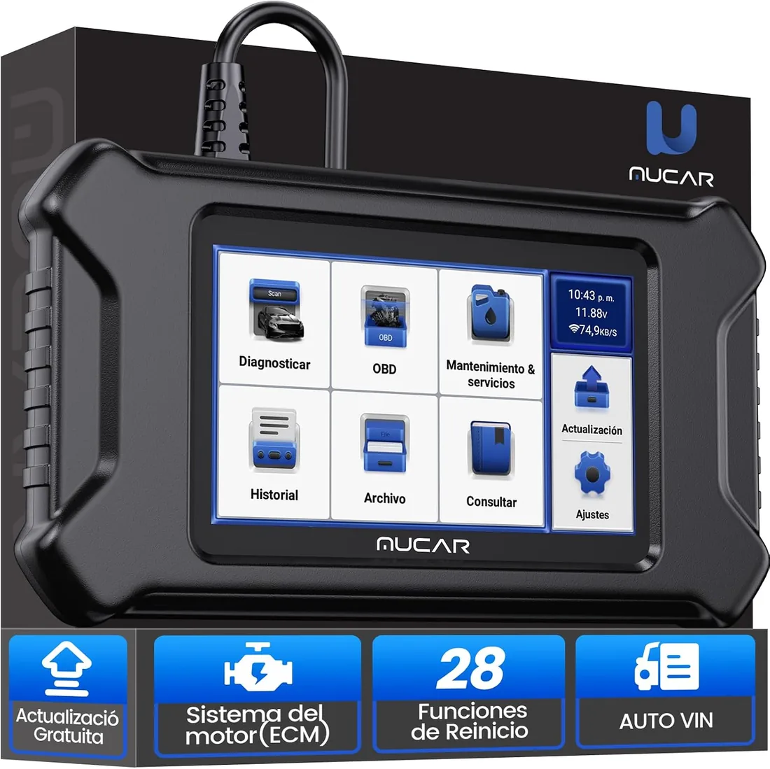 OBD2 Diagnosis, MUCAR CS90 Diagnosis Coche Multimarca con 2 Sistemas (ECM/ABS) Y 28 Funciones de Reinicio, Maquina Diagnosis Coche para AutoVIN, Android 7.0, Wi-Fi Actualización Gratuita
