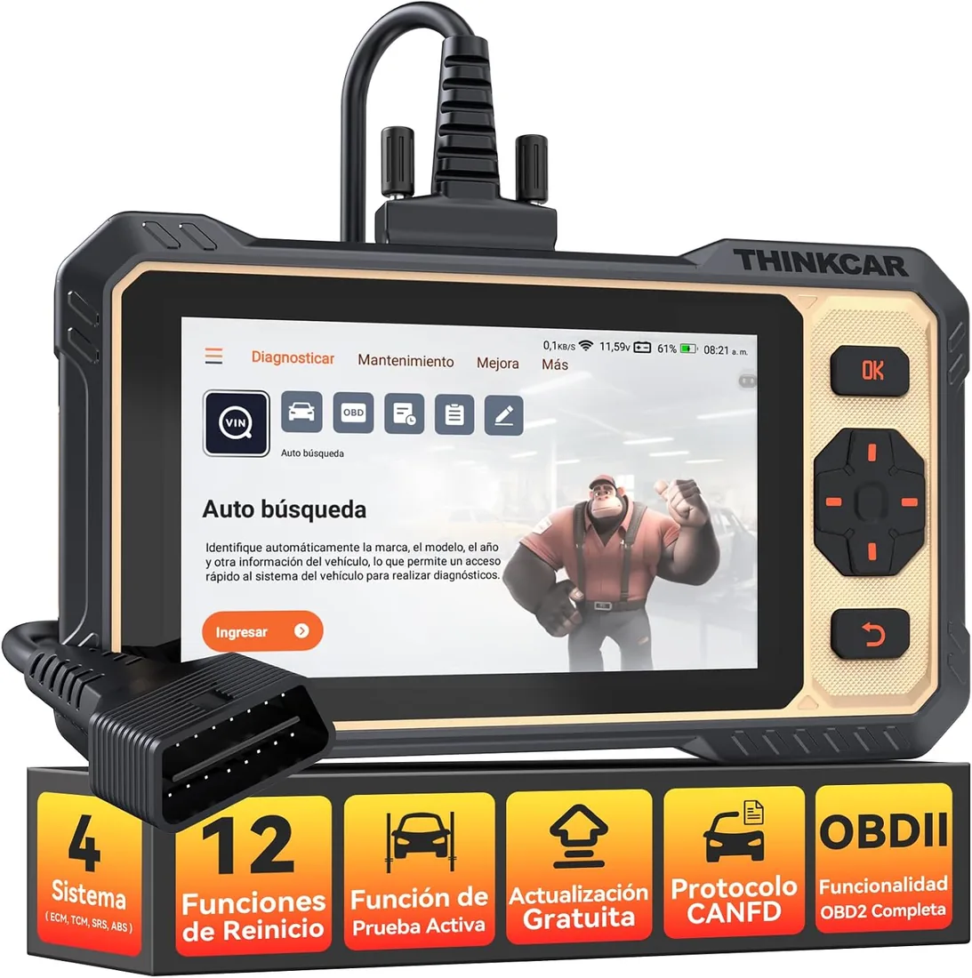 THINKCAR OBD2 Diagnosis, ThinkScan 662 Diagnosis Coche Multimarca de 4 Sistema(ECM/TCM/SRS/ABS), Diagnosis Coche con 12 Funciones de Reinicio/Vin Automático/Prueba Activa-Actualización Gratuita