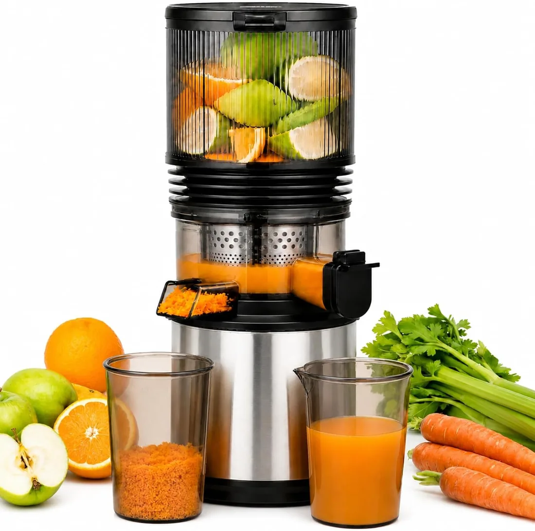 AMZCHEF Extractor de Zumos 158 mm Boca XXL, Licuadora de Prensado en Frío