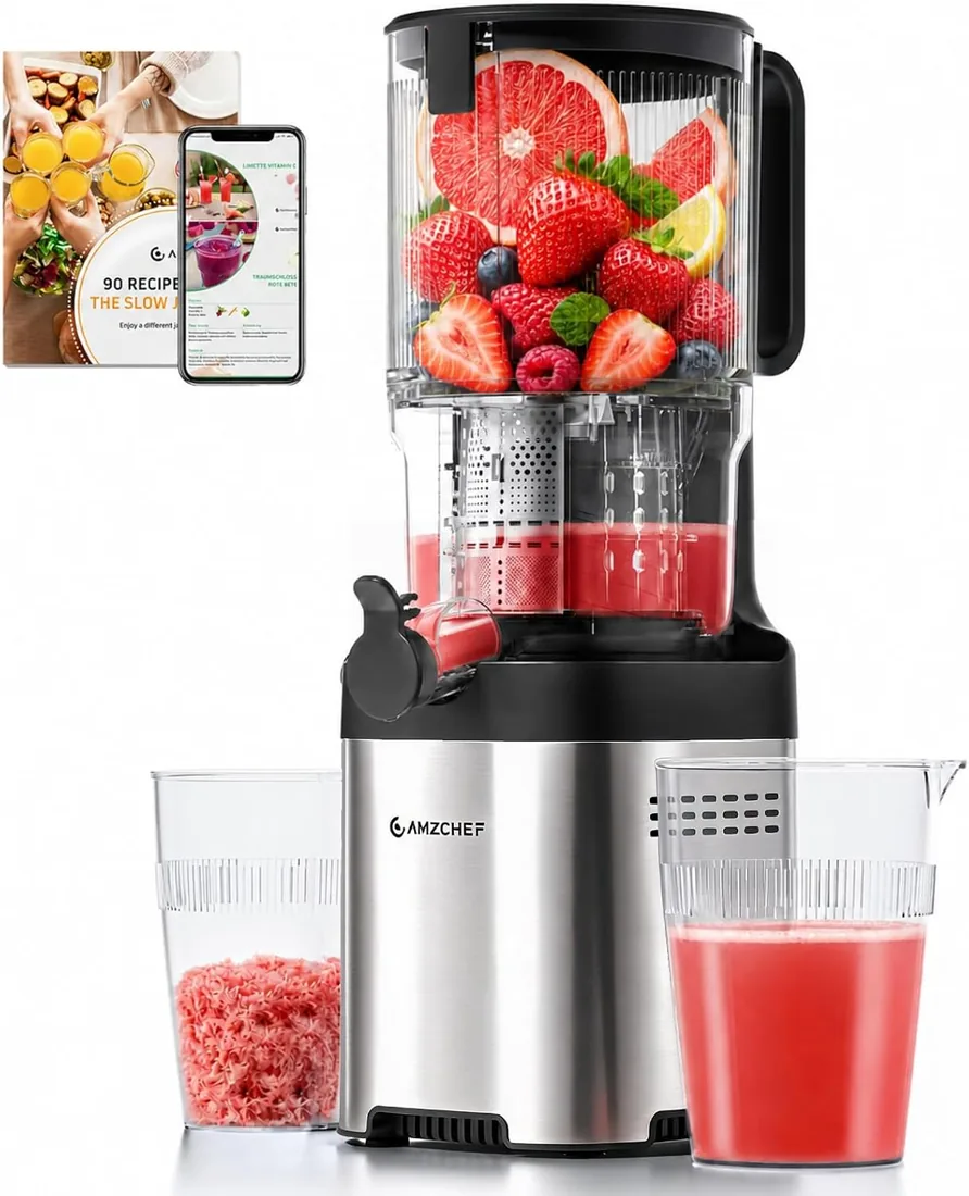 AMZCHEF Extractor de Zumos Prensado en Frío con Boca Ancha de 135 mm