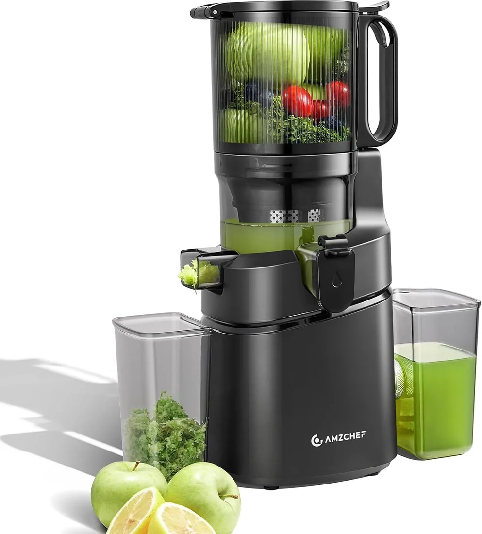 AMZCHEF Extractor de Zumos y Verduras Automático, 145MM Apertura y 1,8L Capacidad Licuadora para Verduras y Frutas Entera, 250W Licuadora Prensado en Frio Lento con Triple Filtro - Negro foto 2