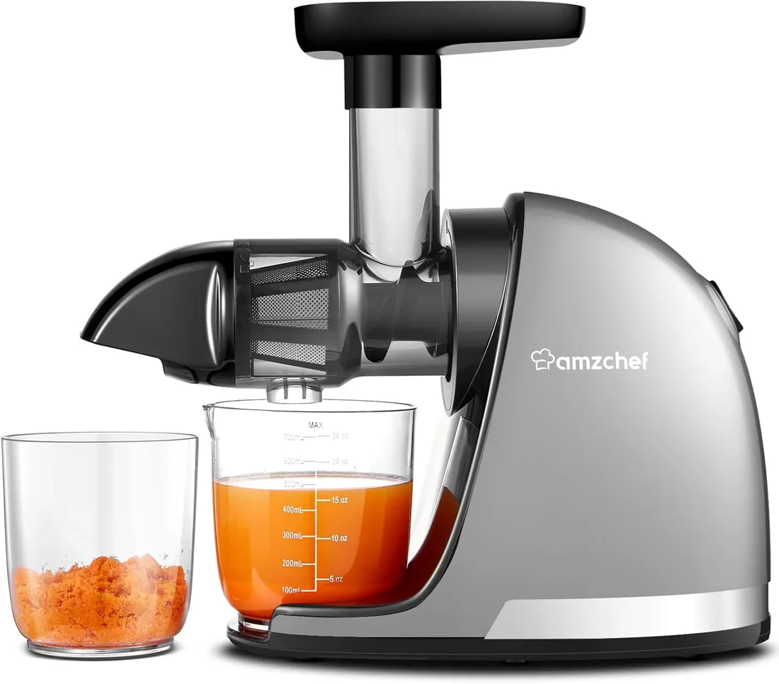AMZCHEF Licuadora prensado en frío - Extractor de zumos y verduras - Licuadoras para zumos con 2 depósitos y cepillo - Cold press slow juicer machine con función de masticación inversa - Plata