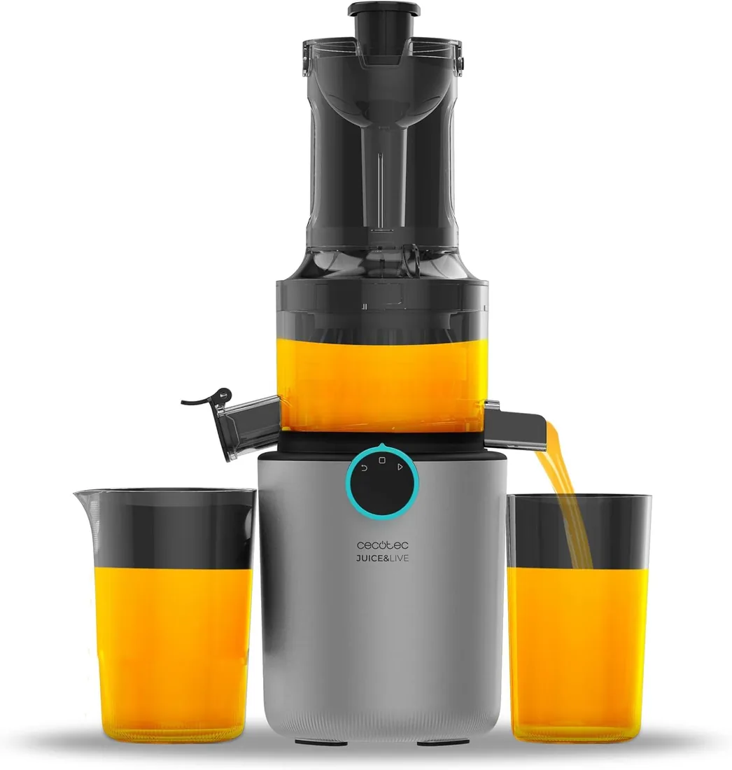 Cecotec Licuadora para Frutas y Verduras de Prensa Fría Juice&Live 1500 Slim. Motor DC de 200W, 1 Velocidad y Función de Marcha Atrás, Boca de 82mm, 55±5 RPM, Fácil Montaje y Limpieza