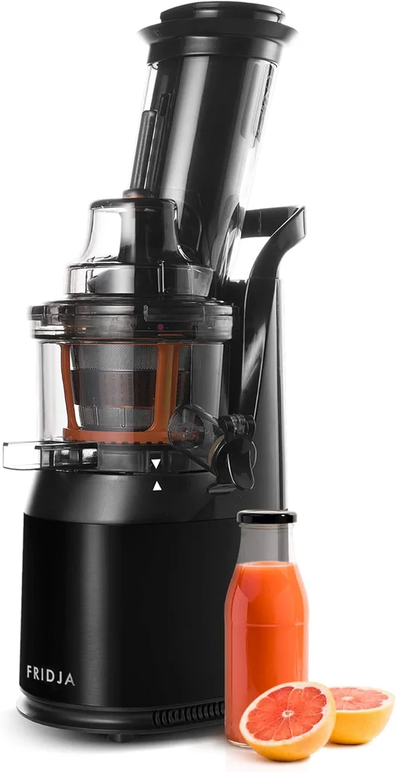Fridja F1900 - Extractor de zumos para frutas y verduras, exprimidor lento de prensado en frío, exprimidor eléctrico sin BPA, 240W, con tamiz, grifo antigoteo, licuadora lenta que conserva vitaminas