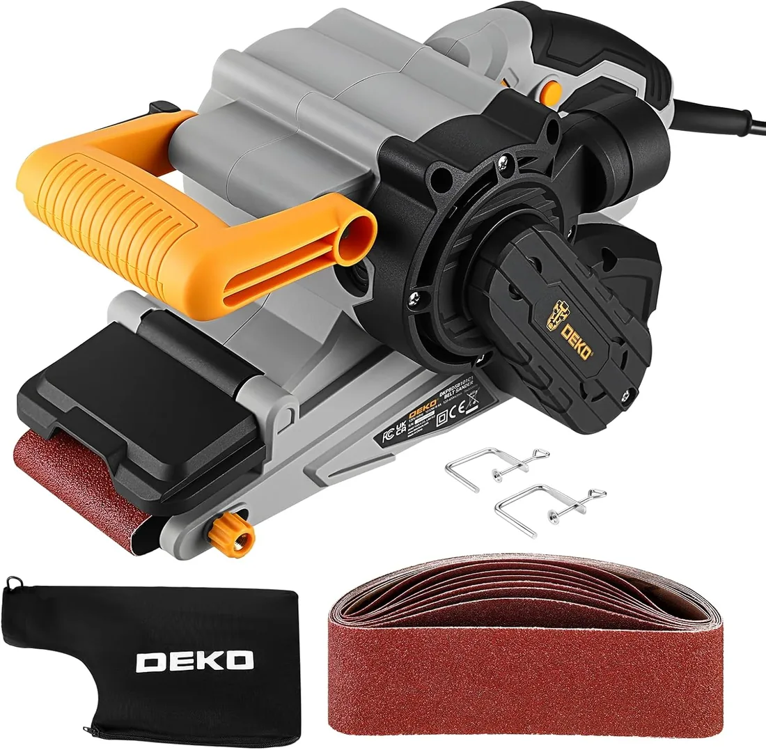 DEKOPRO Lijadora de Banda 1010W, Velocidad Regulable 120-400 m/min, Protector Ajustable y Empuñadura Delantera, Incluye 10 Bandas de Lija, Colector de Polvo y 2 Pinzas en C foto 3