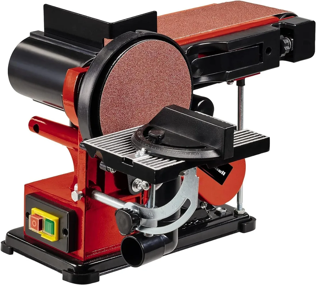 Einhell Esmeriladora de disco y banda vertical TC-US 380 | 380 W | Cinta abrasiva de 914 x 100 mm hasta 292 m/min | Plato abrasivo de Ø 150 mm hasta 1450 rpm | Accesorios incluidos