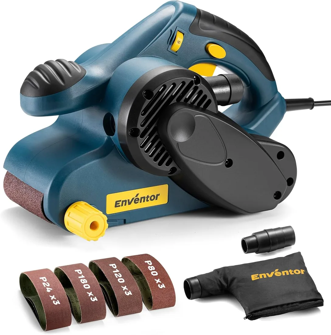 Enventor Lijadora Madera,950W 6 Velocidades 120–380m/min, 12 Banda 76×533mm | Bolsa extraíble, Empuñadura Antideslizante, Interruptor de Bloqueo, 3 × P24, 3 × P80, 3 × P120, 3 × P180