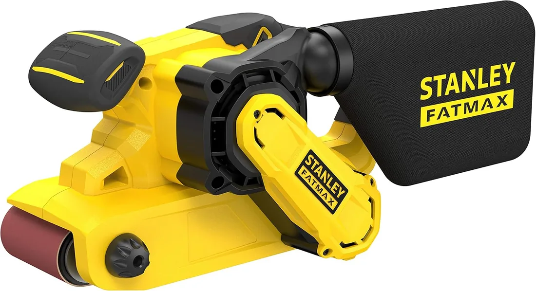 STANLEY FATMAX Lijadora de banda con caja de herramientas, FMEW204K-QS | Potente motor de 1010 W, alineación de banda, recogida de polvo, interruptor de bloqueo y mango cómodo.