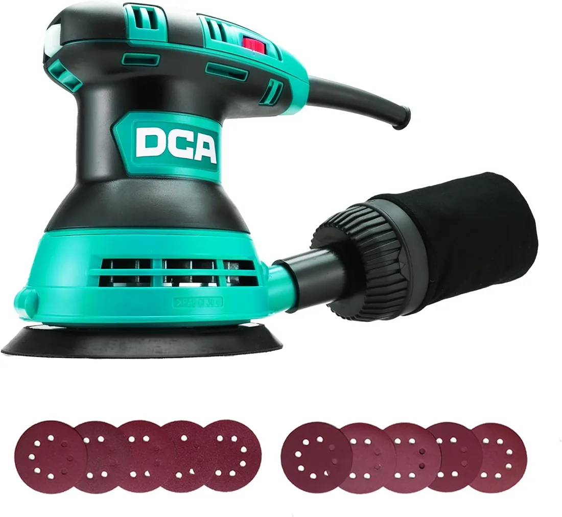 DCA Lijadora Orbital 300W, 125 mm, 6 Velocidades 12000 OPM Lijadora Madera | Con recogida de polvo y 10 lijas, para lijar y pulir superficies de madera y acero, ideal para proyectos de carpintería y DIY