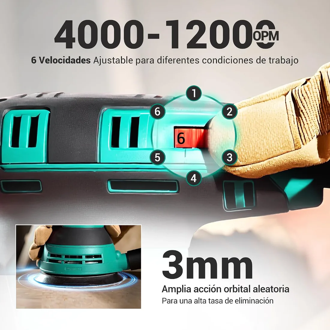 DCA Lijadora Orbital 300W, 125 mm, 6 Velocidades 12000 OPM Lijadora Madera | Con recogida de polvo y 10 lijas, para lijar y pulir superficies de madera y acero, ideal para proyectos de carpintería y DIY foto 3