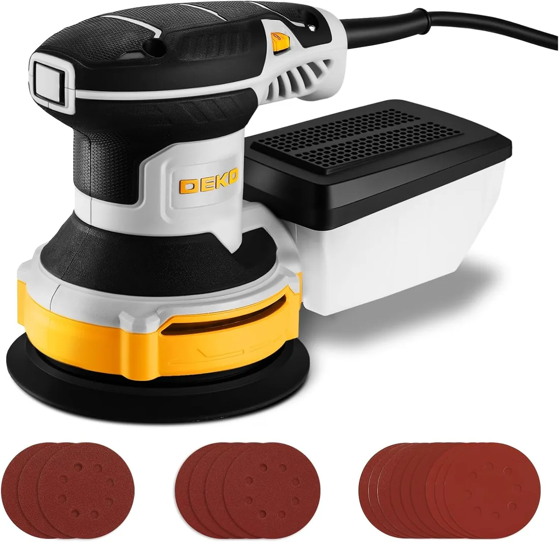 DEKOPRO Lijadora Orbital 300W, 6 Velocidades, 14000 RPM, Lijadora Eléctrica Ideal para Superficies de Madera y Acero con 16 Hojas de Papel de Arena(Gris amarillento) foto 3