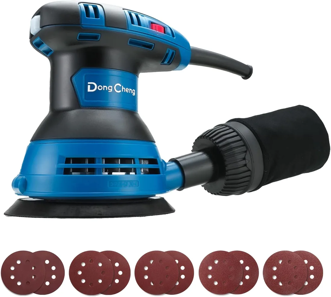 DongCheng lijadora excéntrica de 300 W, lijadora de 125 mm | 6 velocidades, 4.000-12.000 rpm, depósito recogepolvo, 10 hojas de lija, ideal para trabajar la madera y para bricolaje