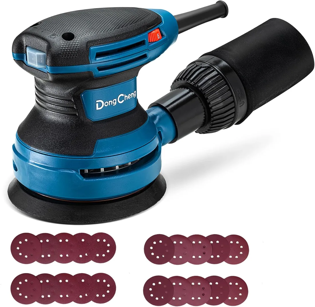 DongCheng Lijadora orbital 380W, Lijadora 125mm, 8.000-12.800 RPM | 6 velocidades, Baja vibración, Con depósito de polvo y conexión para aspirador, Incluye 20 hojas de lija para madera foto 3