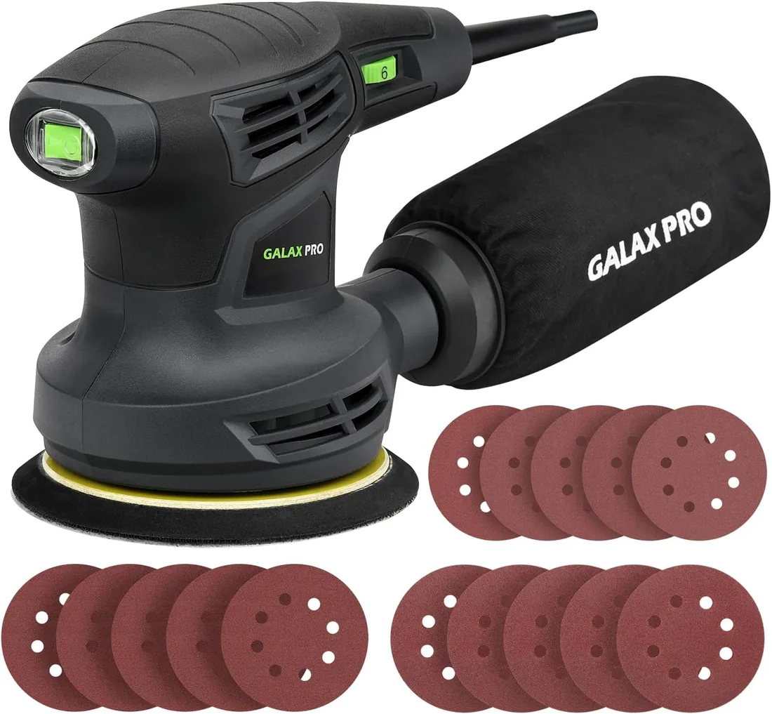 GALAX PRO Lijadora Orbital, 6000-13000 RPM Lijadora Rotorbital 280W | 6 Velocidades Variables Lijadora Rotorbital, 15 Hojas de 125 mm Discos Abrasivos, Polvo Sistema de Recogida