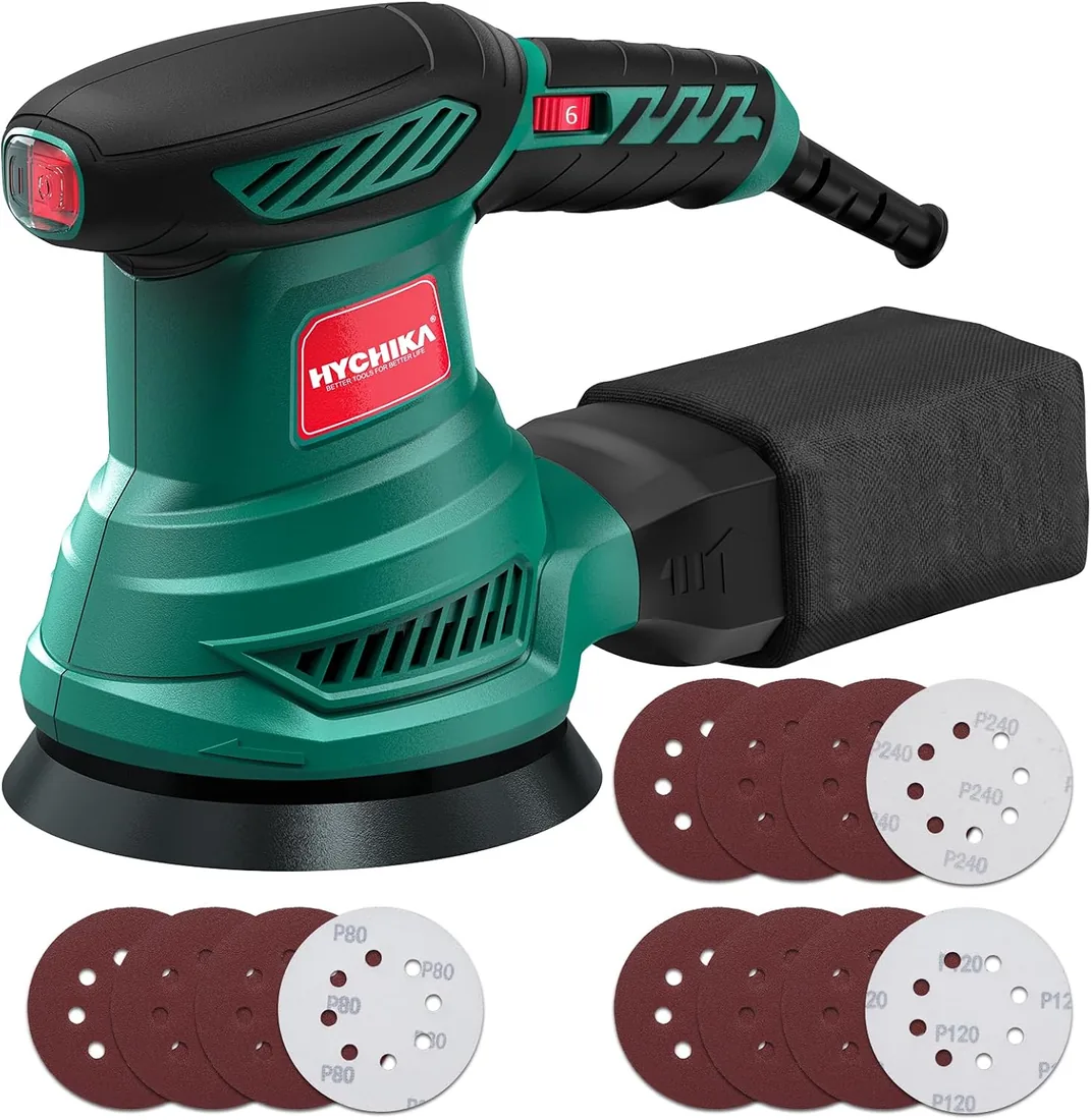 HYCHIKA Lijadora Orbital 300W, 6 Velocidad 13000RPM, Motor Cobre. | Lijadora Eléctrica para Madera con 12 Lijas 125mm (80/120/240), Bolsillo Recogida Lavable para Madera y Metal