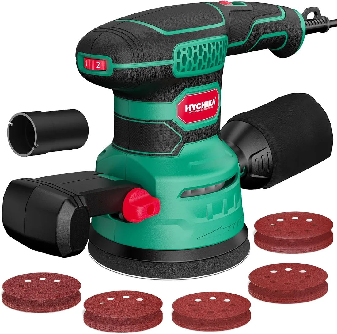 HYCHIKA Lijadora Orbital 450W, 6 Velocidades 6000-12000OPM. | Lijadora Eléctrica para Madera con Sistema Recogida Polvo, 20 Papeles Lija, para Metal y Madera