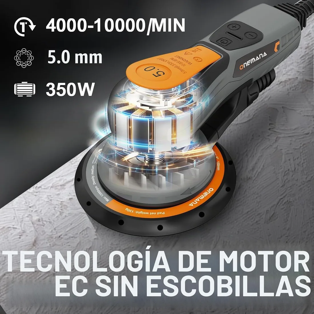 Lijadora orbital ONEMANA 150mm: lijadora electrica sin escobillas, excéntrica 5,0mm, 350W, 6 vel. 4000-10000rpm, recogida polvo, disco 150mm. Lijadora madera foto 2
