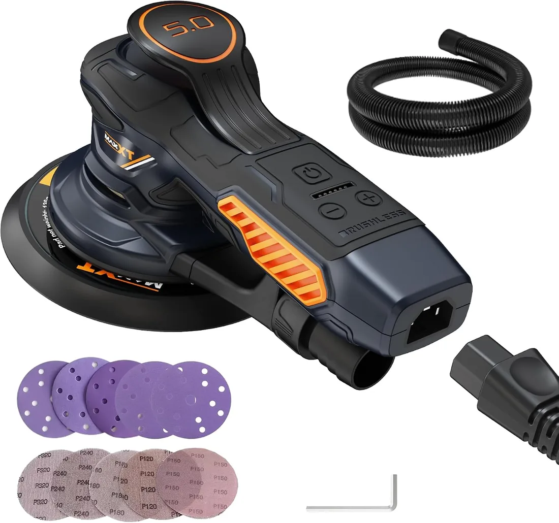 MAXXT Lijadora orbital,350w lijadora orbital aleatoria 10000 OPM con 6 velocidades variables y 10 piezas de 150mm papel,con Bolsillo Lavable de Recogida, para Lijar Madera y Metal foto 3