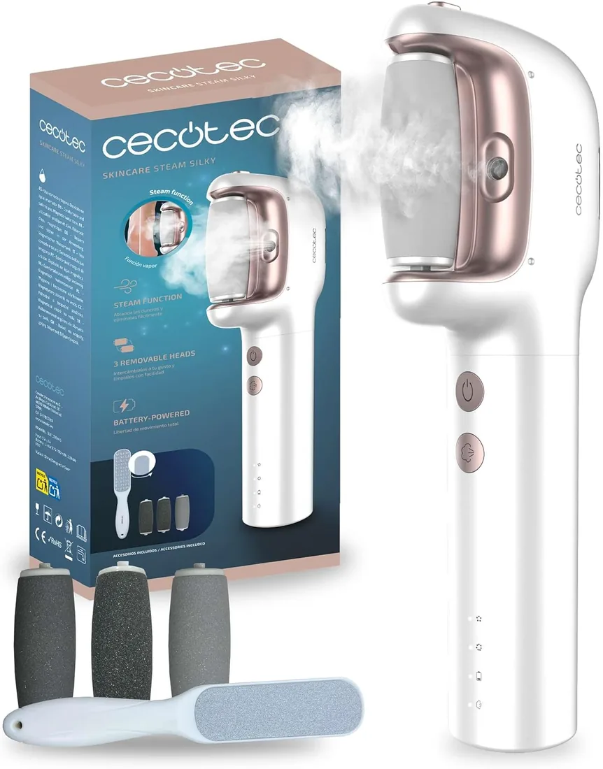 Cecotec Lima Eléctrica Pies Durezas con Batería Recargable SkinCare Steam Silky. Función Vapor, 3 Cabezales, Resistente al Agua IPX7, 3 Velocidades, Rascador Extra, Depósito de Agua Imantado