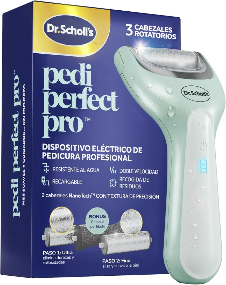 Dr. Scholl's Pedi Perfect Pro Pedicura Eléctrica Profesional para Pies – Elimina Callos y Durezas, Lima Eléctrica para Talones, Fresa Recargable e Impermeable, 3 Cabezales, Recogepolvo