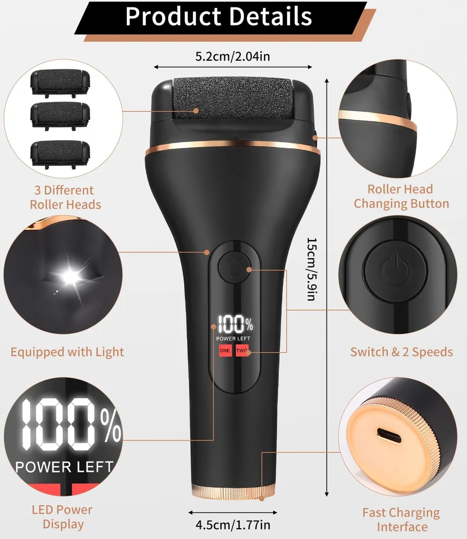 Lima Electrica Pies Durezas, 18 Piezas Set Pedicura Profesional para Pies, Quita Durezas para Pies Electrico, Callos Pies Eliminar, IPX7 Impermeable Lima Pies Durezas con 3 Rodillos y 2 Velocidades foto 2