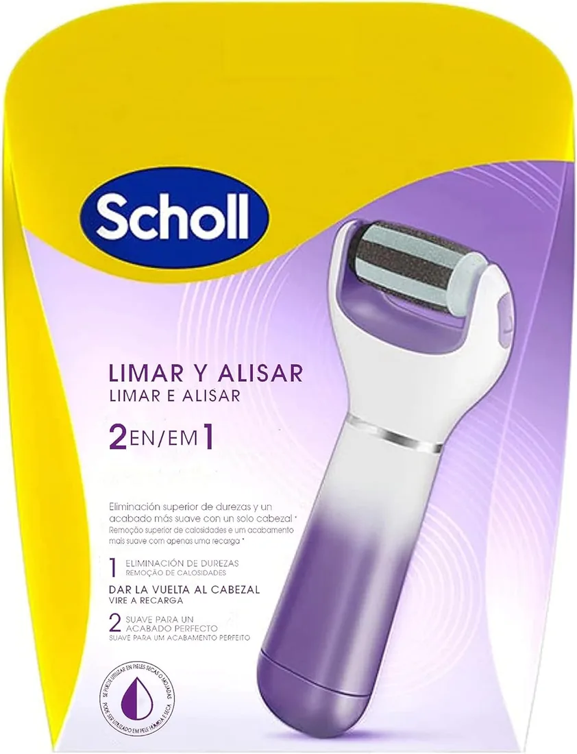 Scholl Expert Care Limar y Alisar 2 en 1 Lima Eléctrica para Pies - Quita Durezas y Elimina Callos, Pedicura Profesional, Uso en Casa para Pies Suaves, Exfoliante con Cabezal Repuesto, Lima Morada